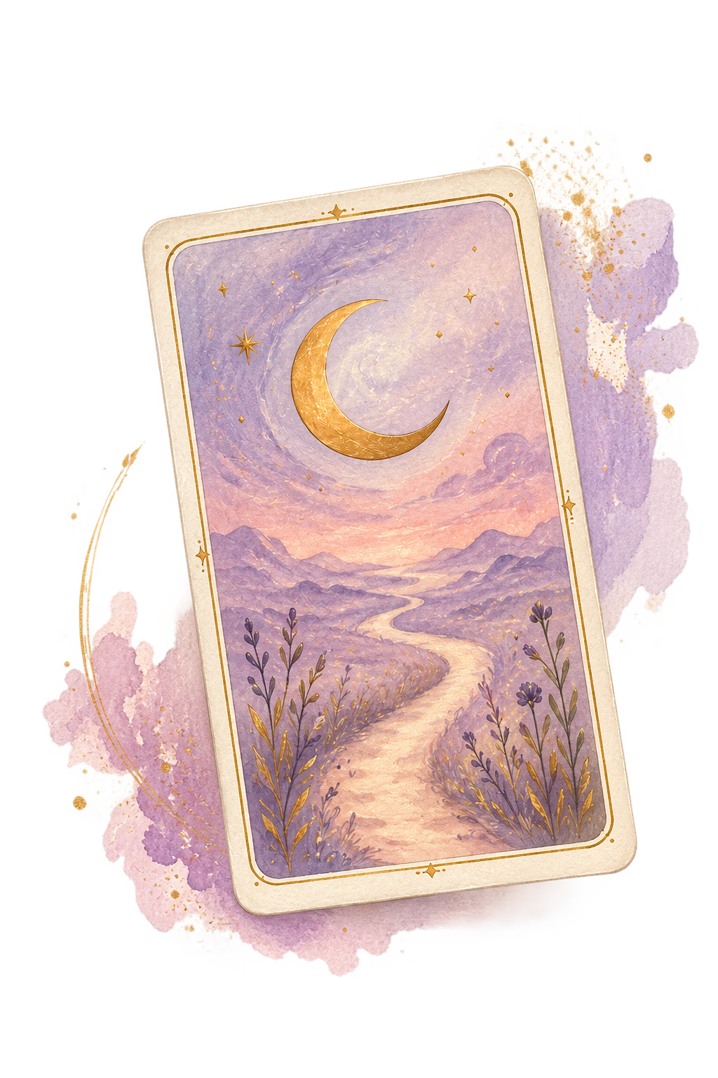 Ilustración de una carta de tarot bajo una luna dorada, con un camino entre montañas.